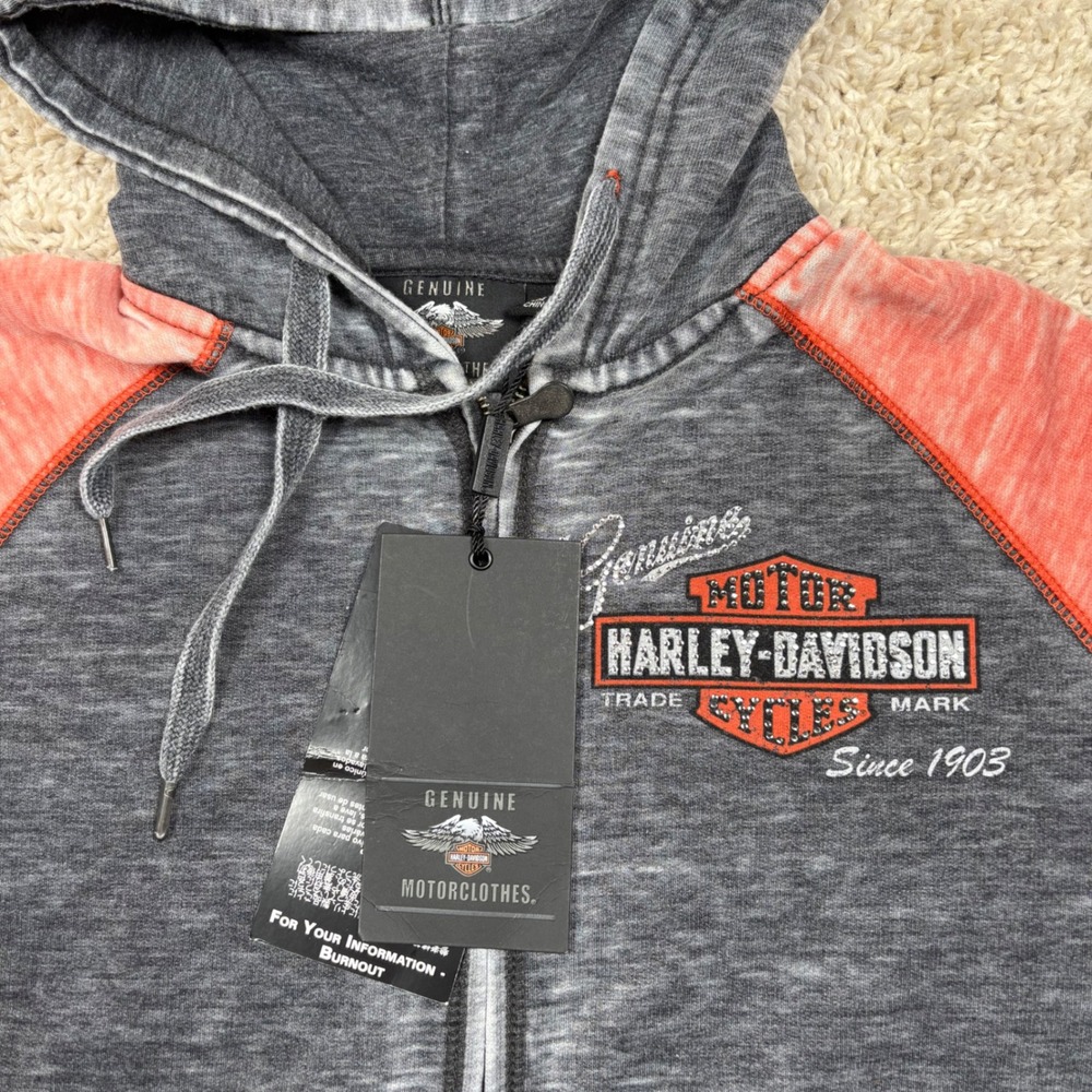 Harley-Davidson Hoodie Women S Gray Orange Burnout Rhinestone Full Zip NWT - Picture 7 of 10